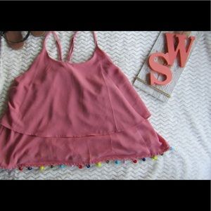 Pink Pom Pom Trim Tank Top